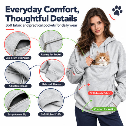 Pet carrying hoodie pocket and comfort details