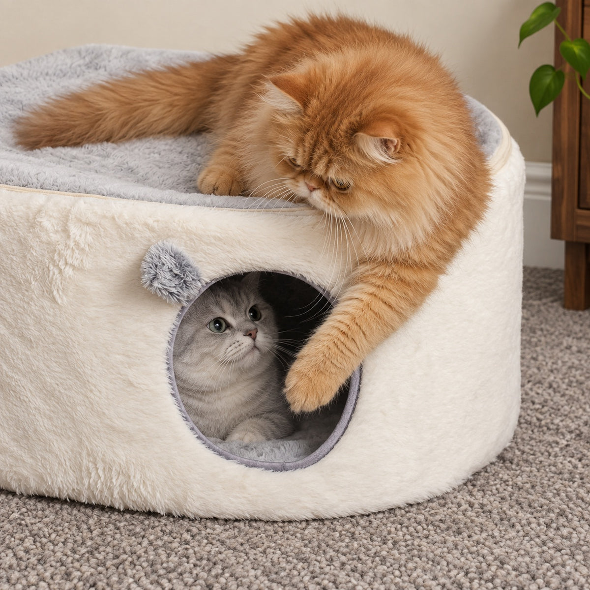 Cats resting in a plush cave bed