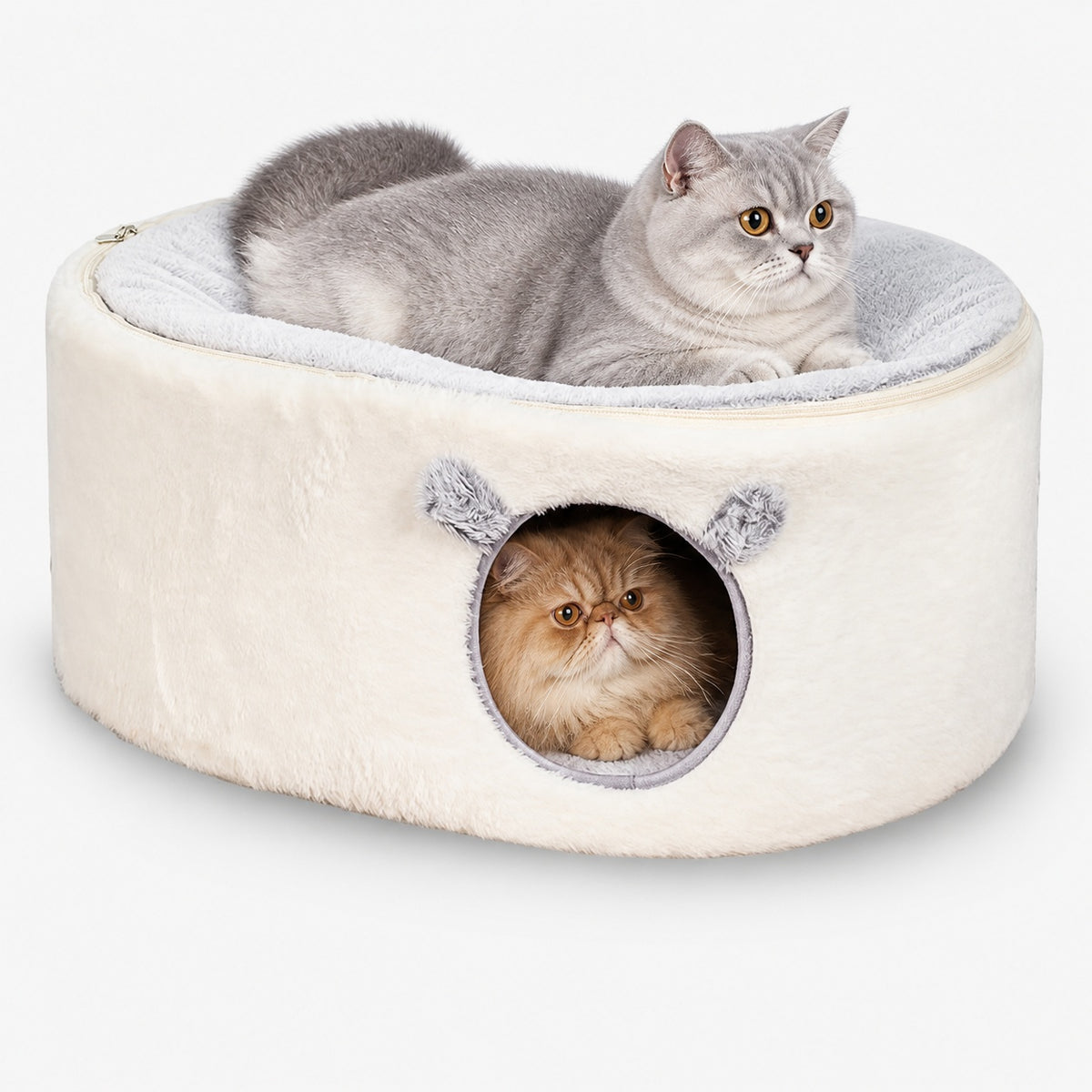 Cats resting in a plush cave bed