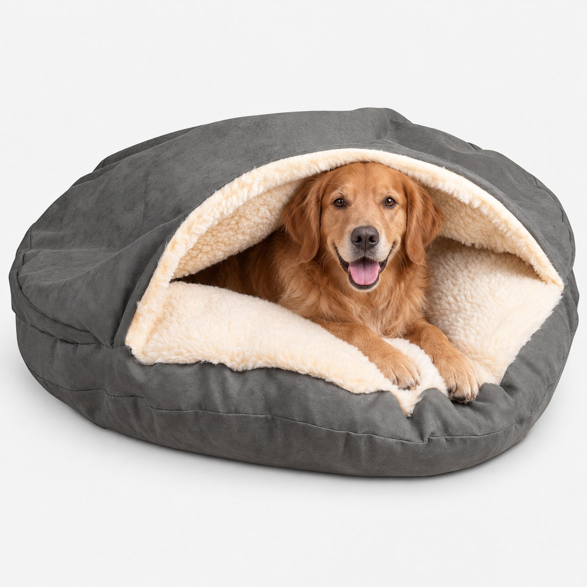 Dog resting in a grey hooded bed