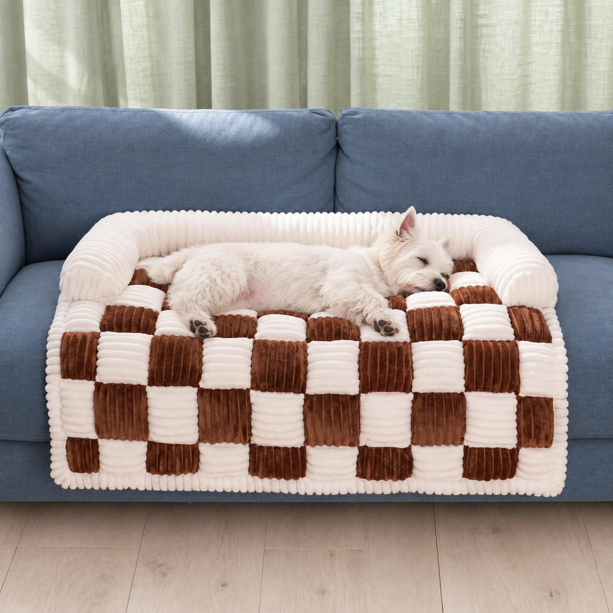 Checkered Dog Sofa Bed & Cover with Fluffy Bolsters