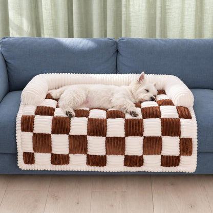 Checkered Dog Sofa Bed & Cover with Fluffy Bolsters