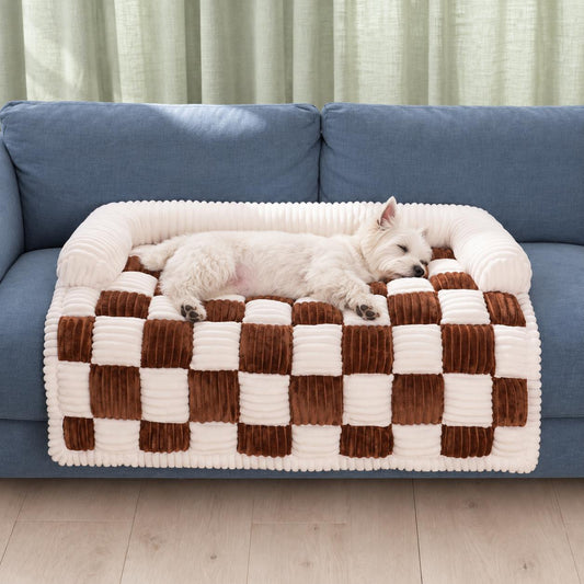 Checkered Dog Sofa Bed & Cover with Fluffy Bolsters