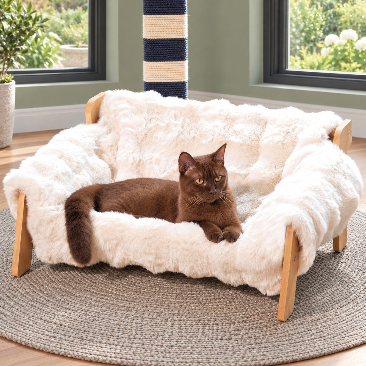 Elevated Wooden Pet Sofa Bed with Plush for Cats & Small Dogs