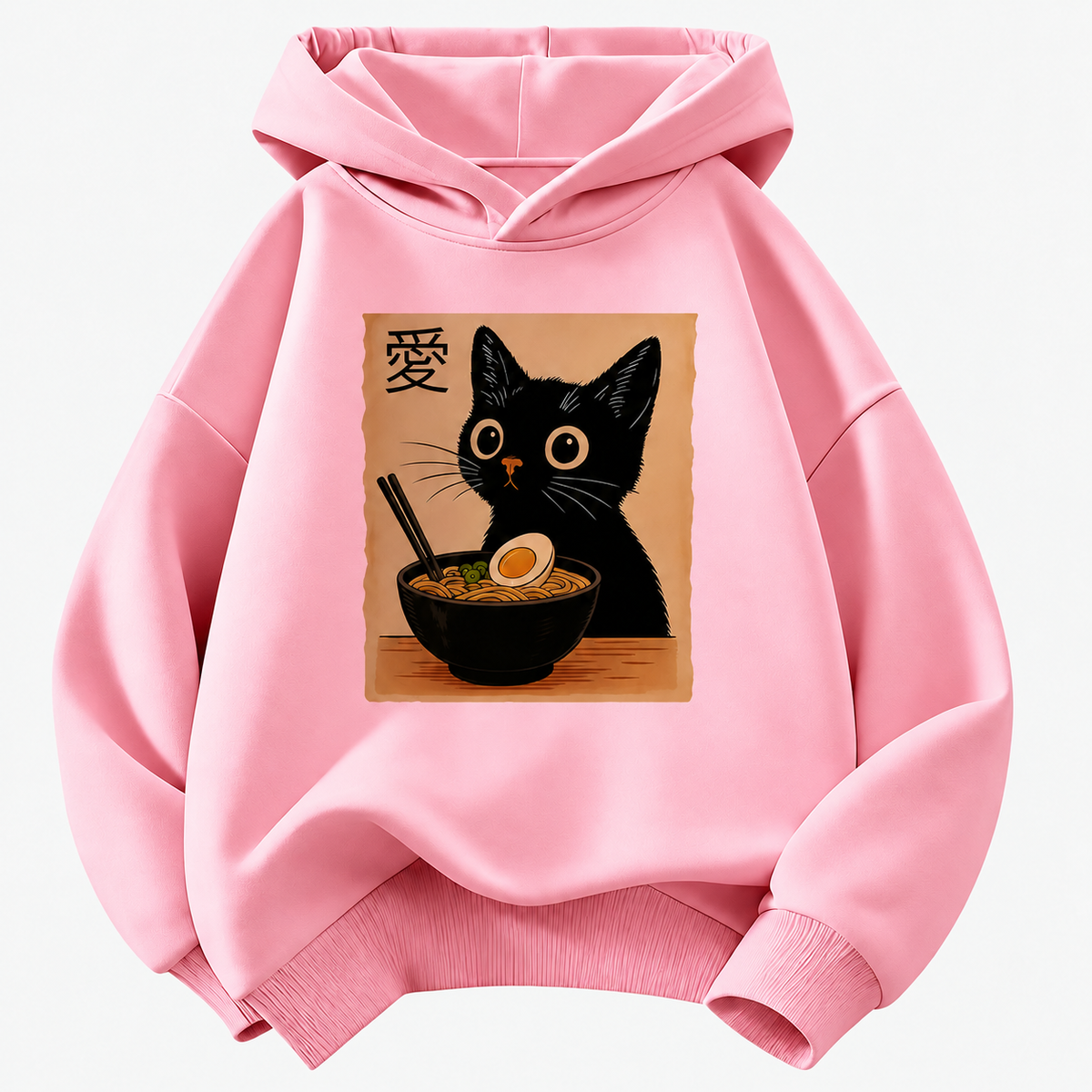 Cat Ramen Graphic Pullover Kids Hoodie with Front Pocket