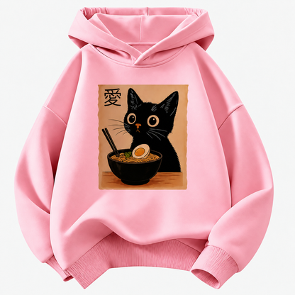 Cat Ramen Graphic Pullover Kids Hoodie with Front Pocket