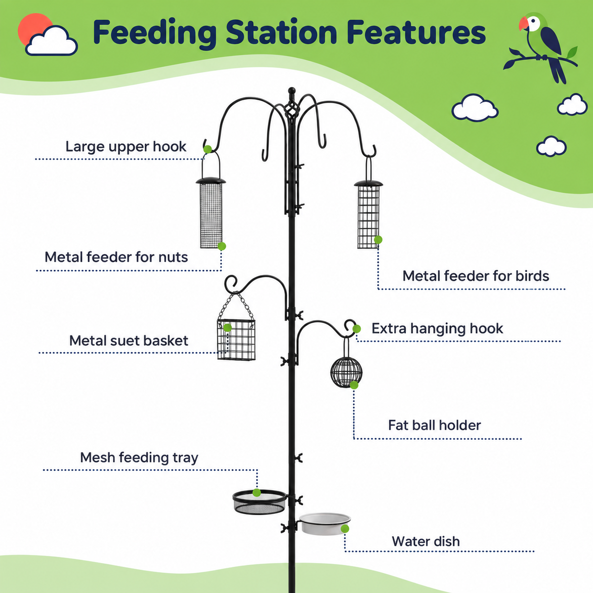 Steel Bird Feeding Station with 6 Hooks, 4 Feeders, Water & Mesh Trays