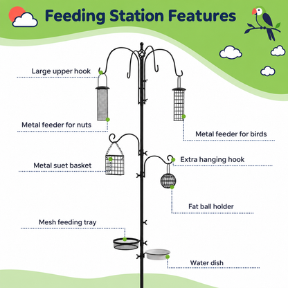 Steel Bird Feeding Station with 6 Hooks, 4 Feeders, Water & Mesh Trays