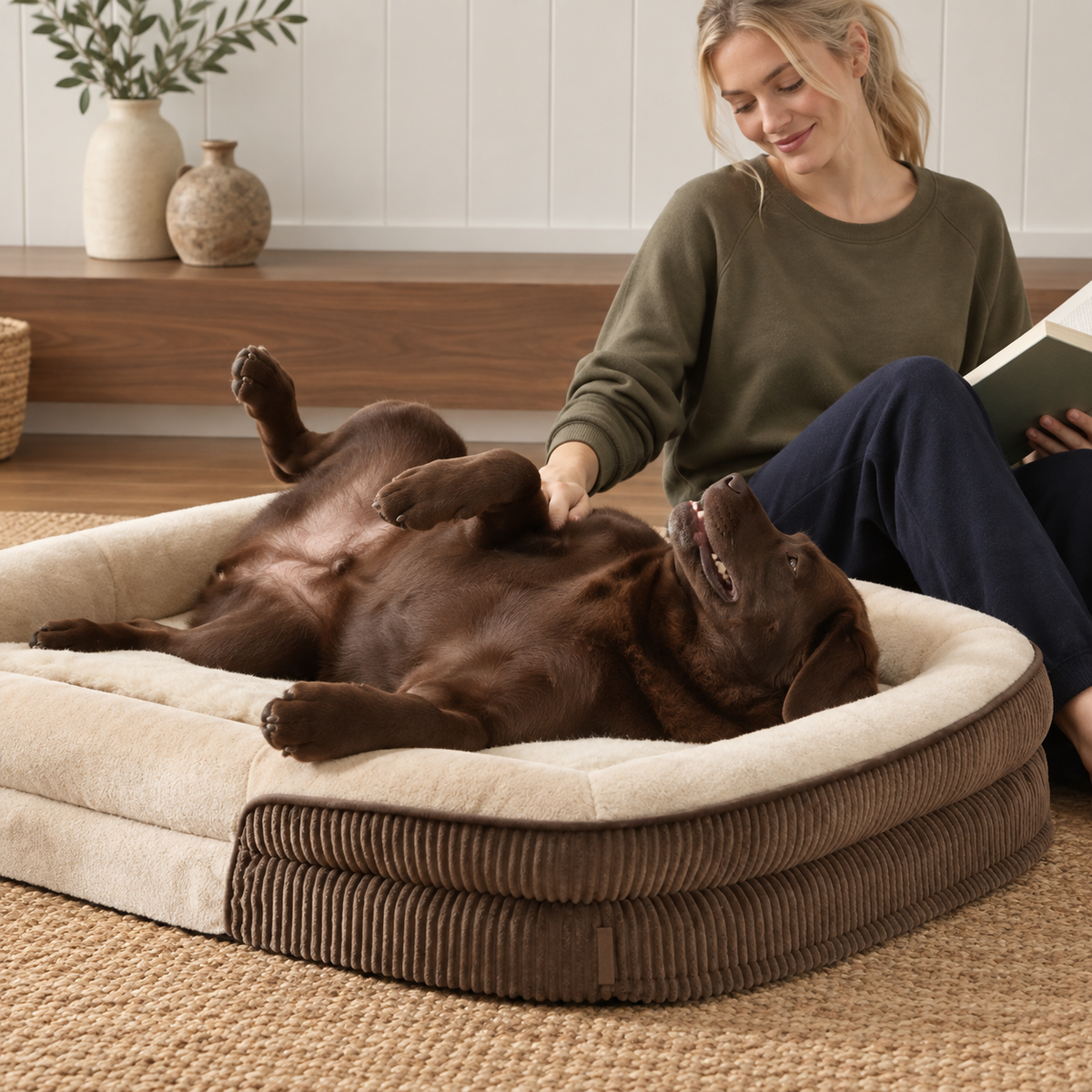 Dog relaxing beside its owner in a bolster bed