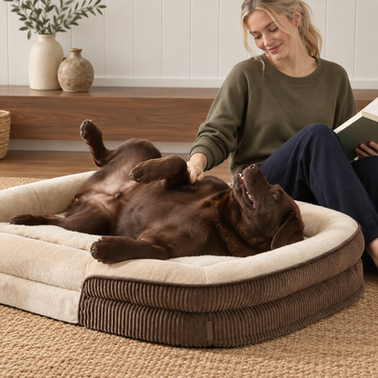 Dog relaxing beside its owner in a bolster bed