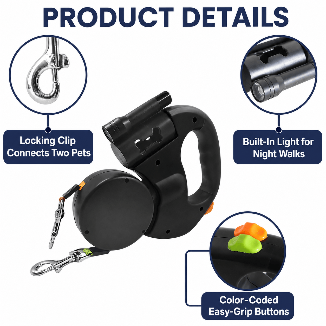 3 Meters Tangle-Free Double Retractable Dog Lead with Light and Poop Bag Holder