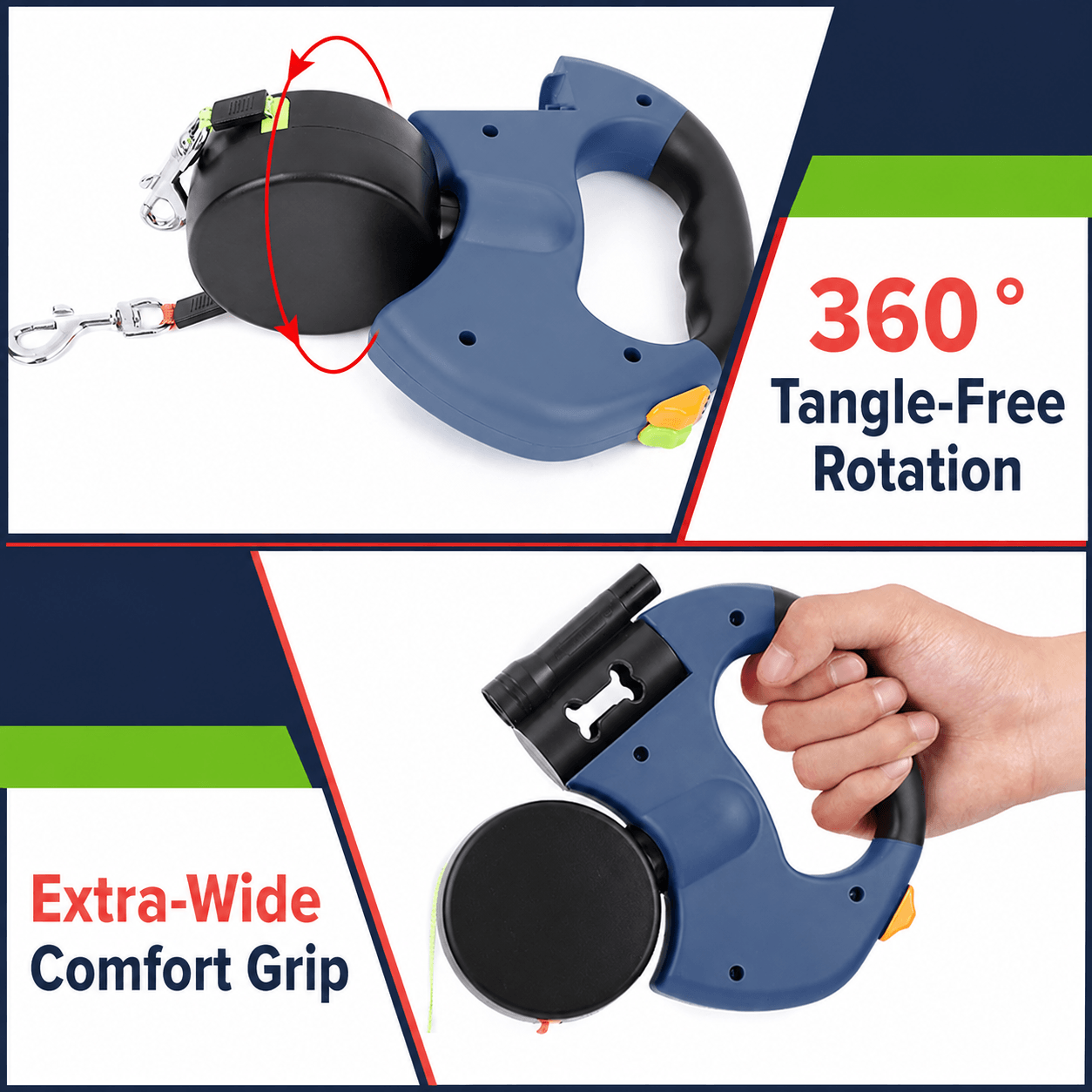 3 Meters Tangle-Free Double Retractable Dog Lead with Light and Poop Bag Holder