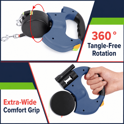 3 Meters Tangle-Free Double Retractable Dog Lead with Light and Poop Bag Holder