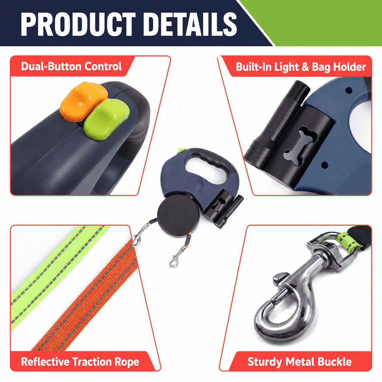 3 Meters Tangle-Free Double Retractable Dog Lead with Light and Poop Bag Holder