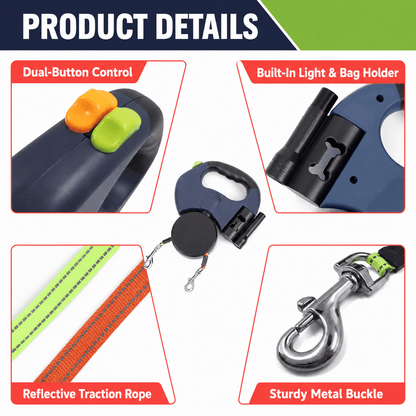 3 Meters Tangle-Free Double Retractable Dog Lead with Light and Poop Bag Holder