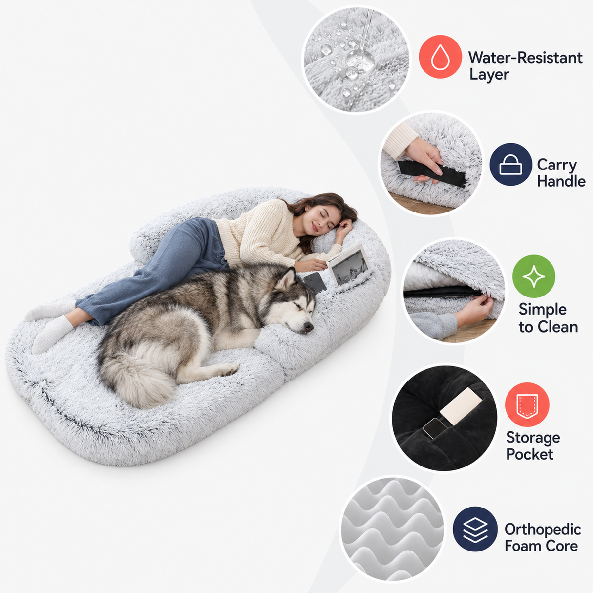 Cosy Large Memory Foam Orthopaedic Foldable Human Dog Bed with Plush Fluffy Bolsters & Waterproof Liner