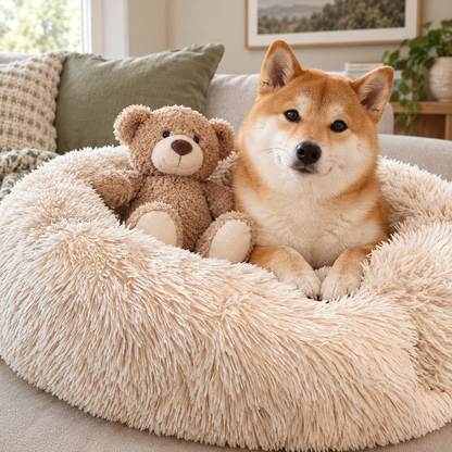 Warm Calming Ultra-Soft Plush Faux Fur Round Doughnut Pet Bed for Dogs & Cats