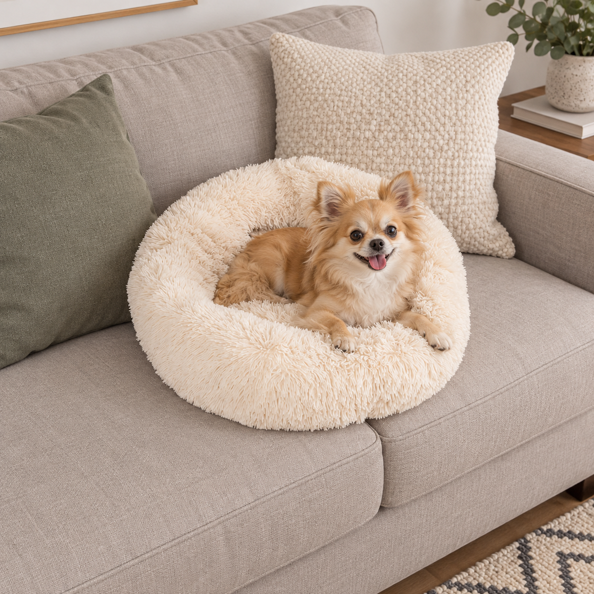 Warm Calming Ultra-Soft Plush Faux Fur Round Doughnut Pet Bed for Dogs & Cats