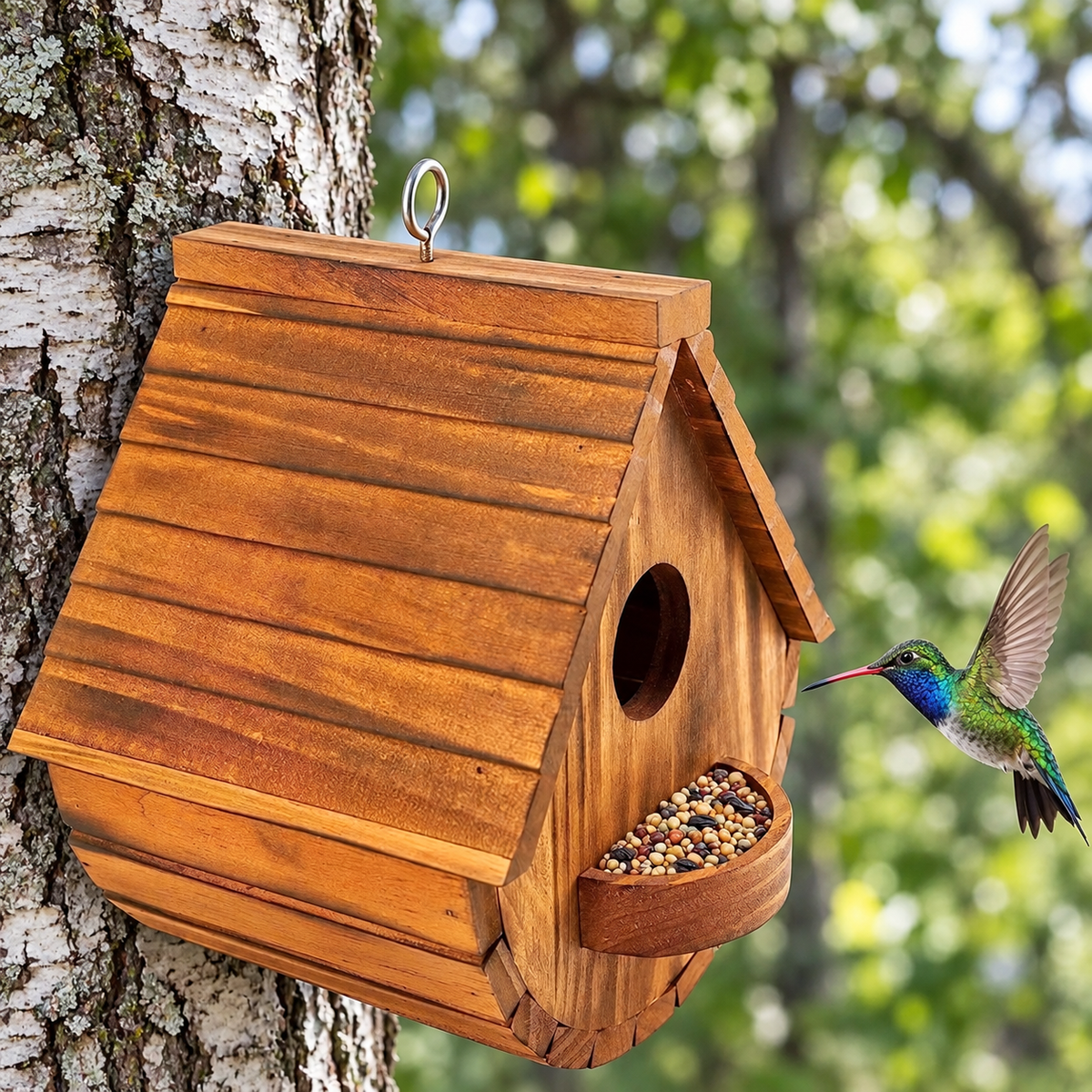 Pine Wood Bird House Feeder with Entrance, Ventilation & Cleaning Door
