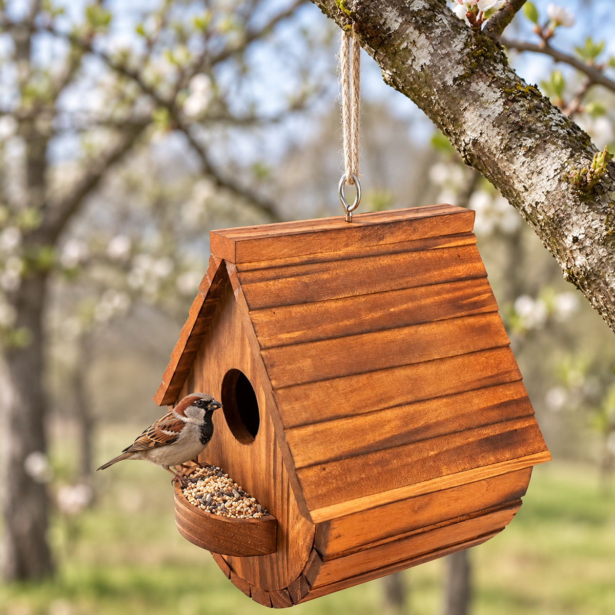 Pine Wood Bird House Feeder with Entrance, Ventilation & Cleaning Door