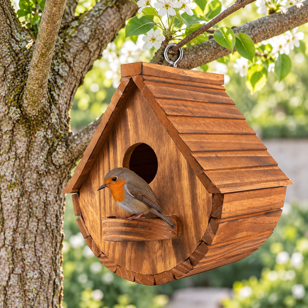 Pine Wood Bird House Feeder with Entrance, Ventilation & Cleaning Door
