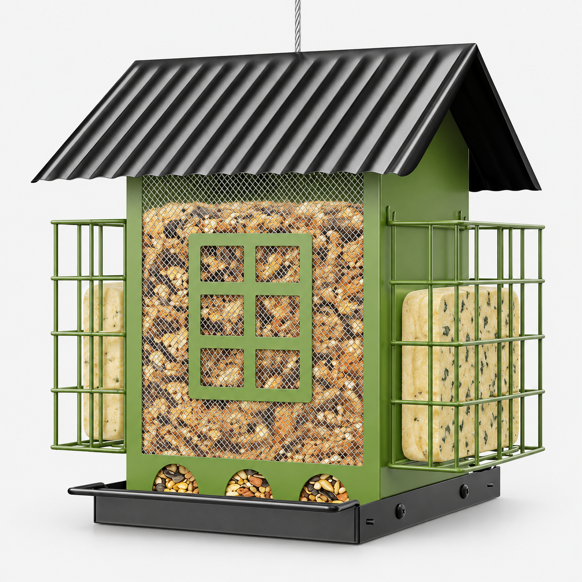 Durable Squirrel-Proof Hanging House Shaped Metal Bird Feeder with Roof Double Suet Placements & 3.7 lbs / 1.6 kg Capacity