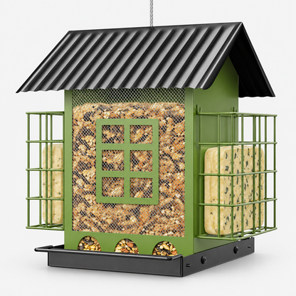 Durable Squirrel-Proof Hanging House Shaped Metal Bird Feeder with Roof Double Suet Placements & 3.7 lbs / 1.6 kg Capacity