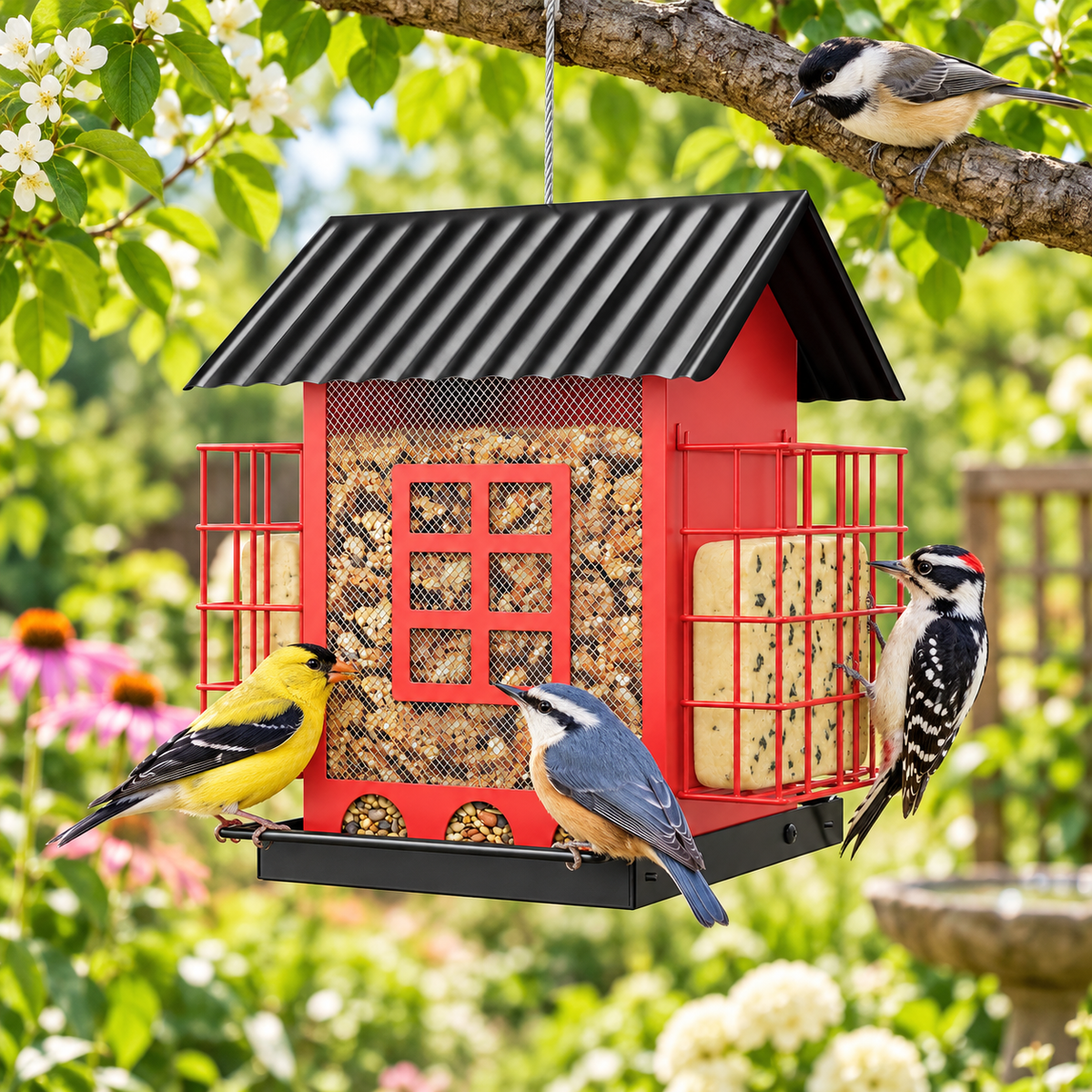 Durable Squirrel-Proof Hanging House Shaped Metal Bird Feeder with Roof Double Suet Placements & 3.7 lbs / 1.6 kg Capacity