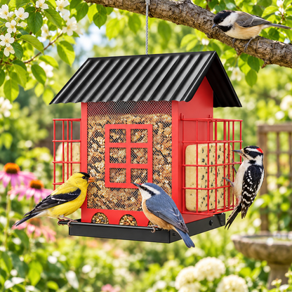 Durable Squirrel-Proof Hanging House Shaped Metal Bird Feeder with Roof Double Suet Placements & 3.7 lbs / 1.6 kg Capacity