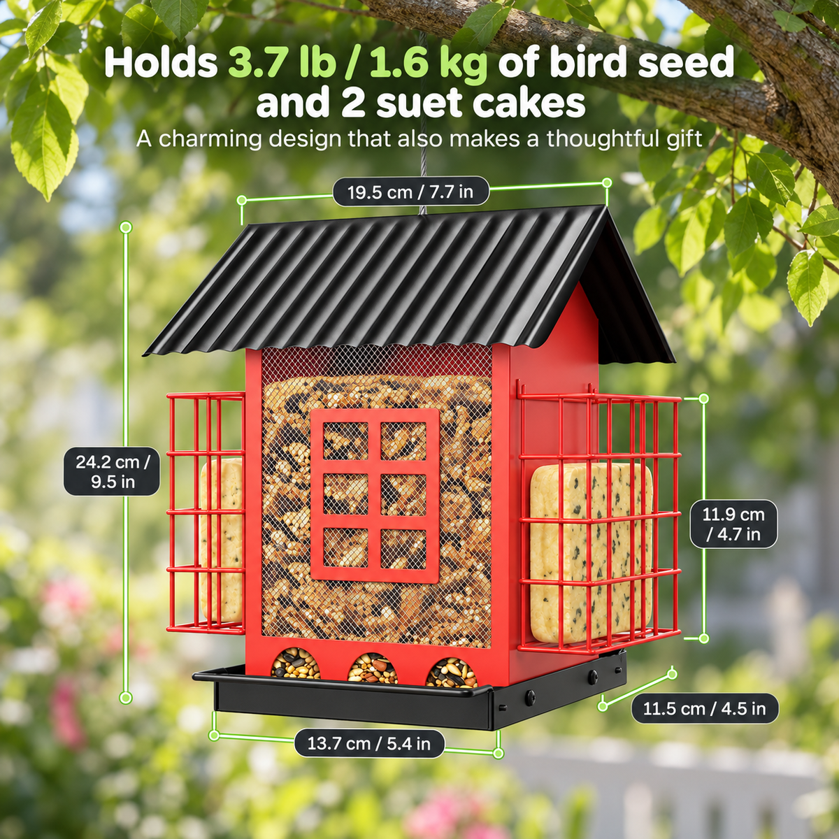 Durable Squirrel-Proof Hanging House Shaped Metal Bird Feeder with Roof Double Suet Placements & 3.7 lbs / 1.6 kg Capacity