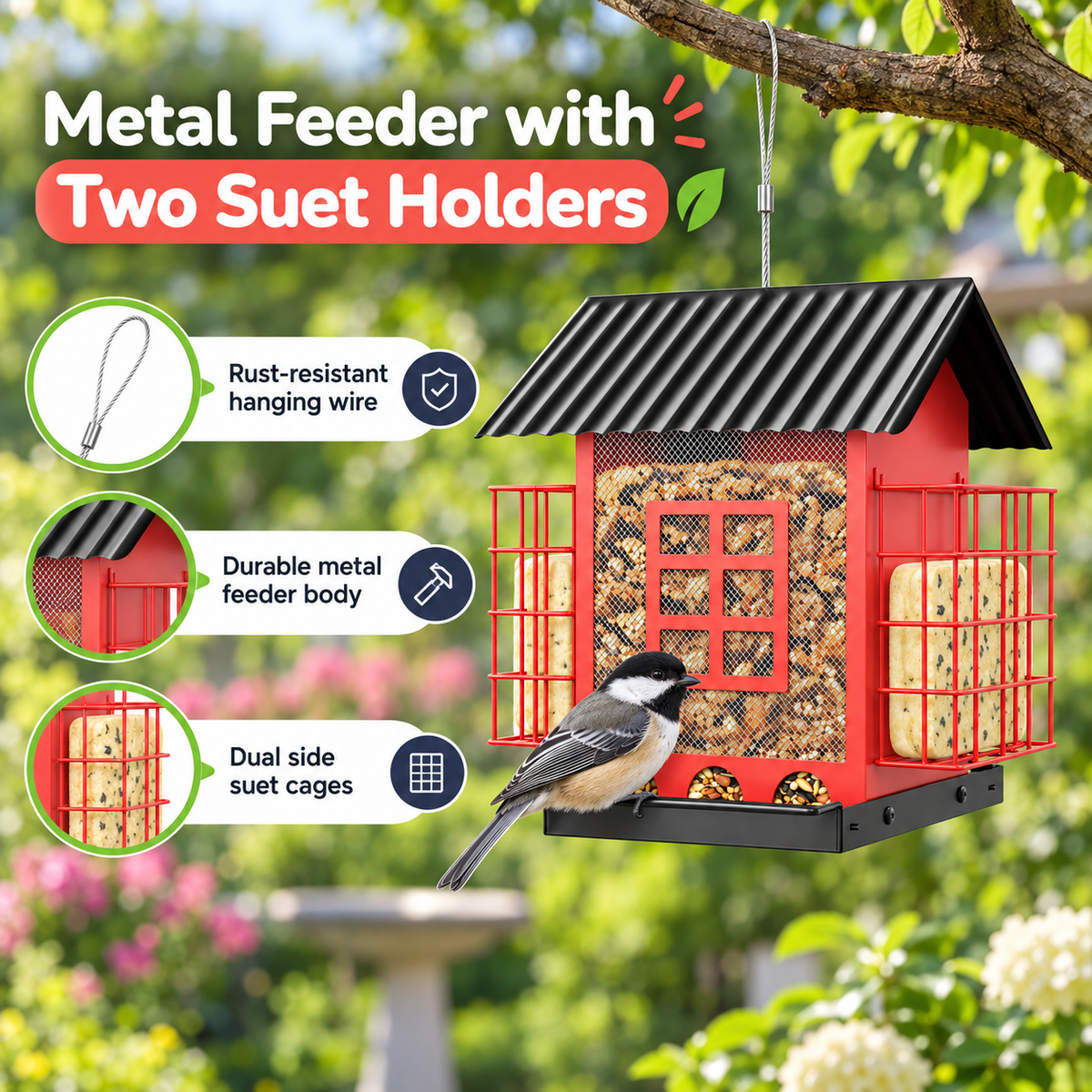 Durable Squirrel-Proof Hanging House Shaped Metal Bird Feeder with Roof Double Suet Placements & 3.7 lbs / 1.6 kg Capacity