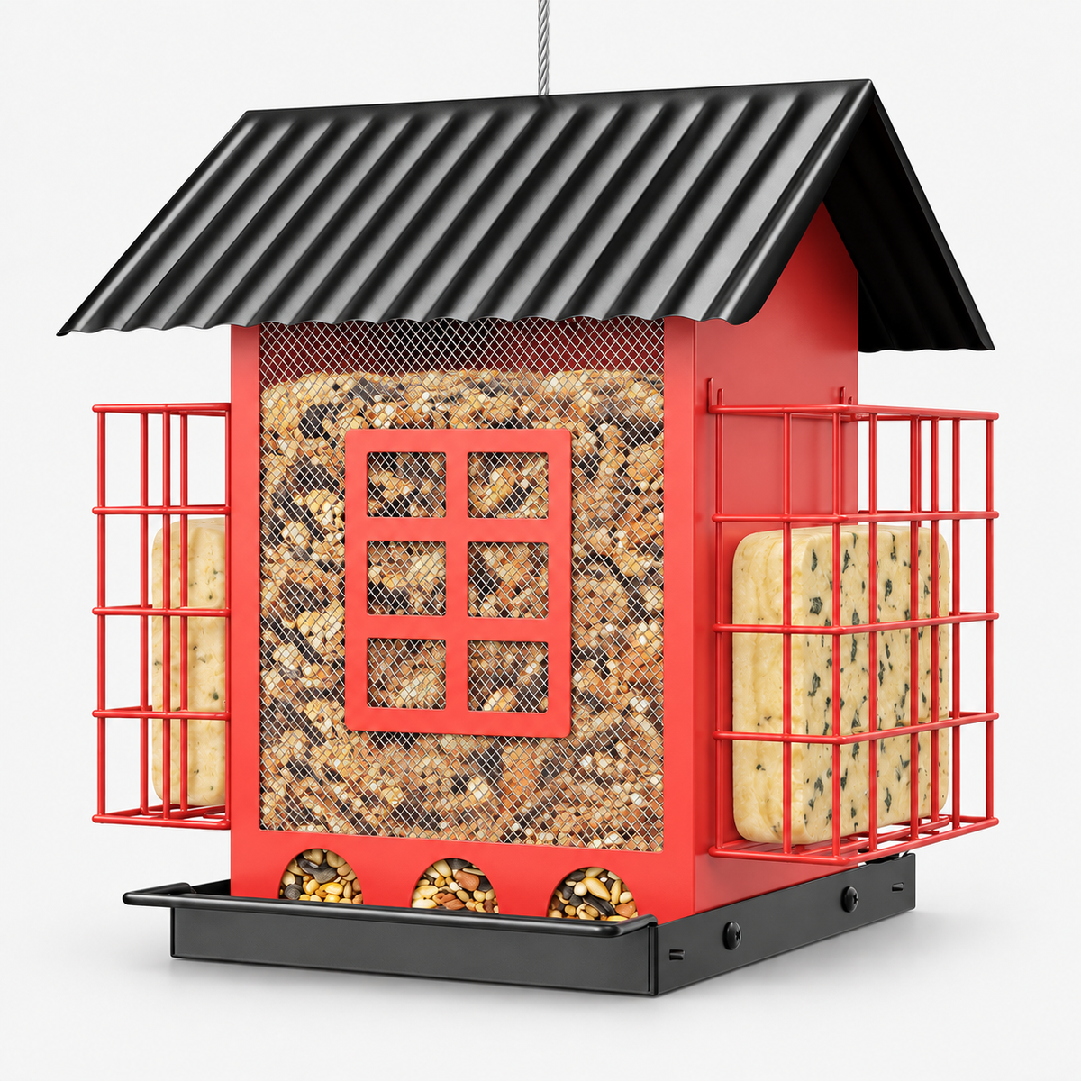 Durable Squirrel-Proof Hanging House Shaped Metal Bird Feeder with Roof Double Suet Placements & 3.7 lbs / 1.6 kg Capacity