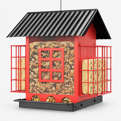 Durable Squirrel-Proof Hanging House Shaped Metal Bird Feeder with Roof Double Suet Placements & 3.7 lbs / 1.6 kg Capacity