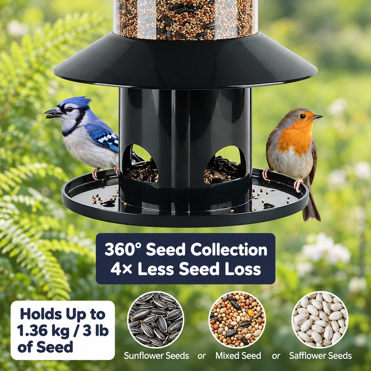Black Hanging 360° Squirrel-Proof Bird Feeder with Weight-Activated Closure
