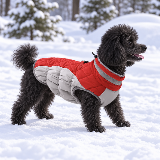 Dog wearing a red padded coat in the snow