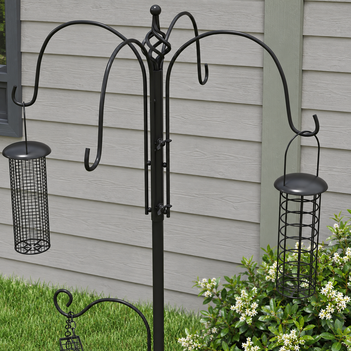 Steel Bird Feeding Station with 6 Hooks, 4 Feeders, Water & Mesh Trays