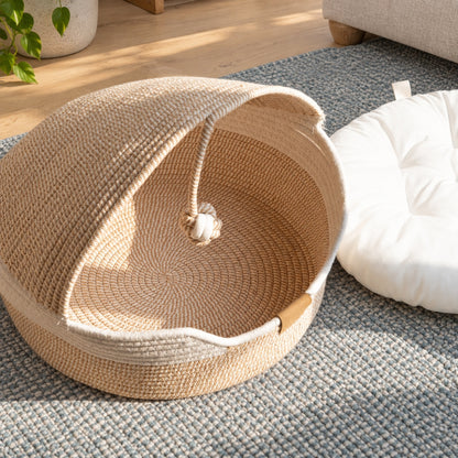 Handwoven Cat Cave Basket Bed with Cushion and Scratching Sisal
