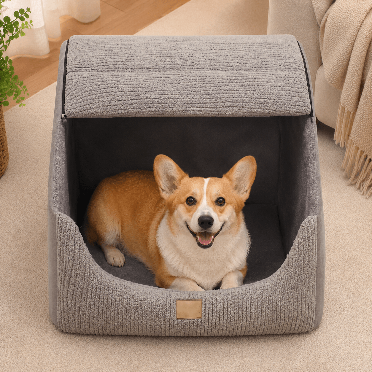 Soft Plush Dog Cave & House Bed with Removable and Machine-Washable Cover