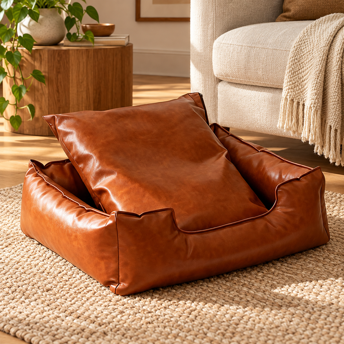 Luxurious Leather Dog Bed with Fluffy Cushion Bolsters & Waterproof Durable Washable Cover
