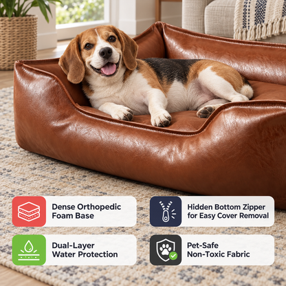 Luxurious Leather Dog Bed with Fluffy Cushion Bolsters & Waterproof Durable Washable Cover