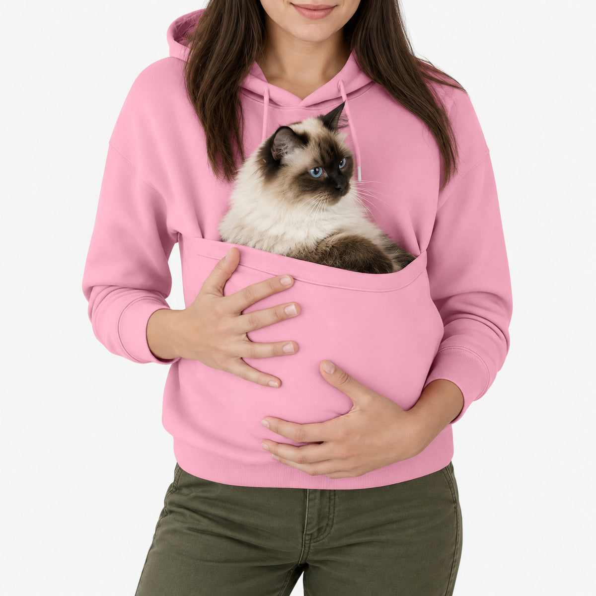 Pet resting in sweatshirt pouch