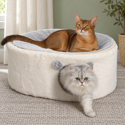 Cats resting in a plush cave bed