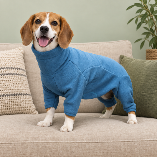 Dog wearing a blue polar fleece coat on a sofa