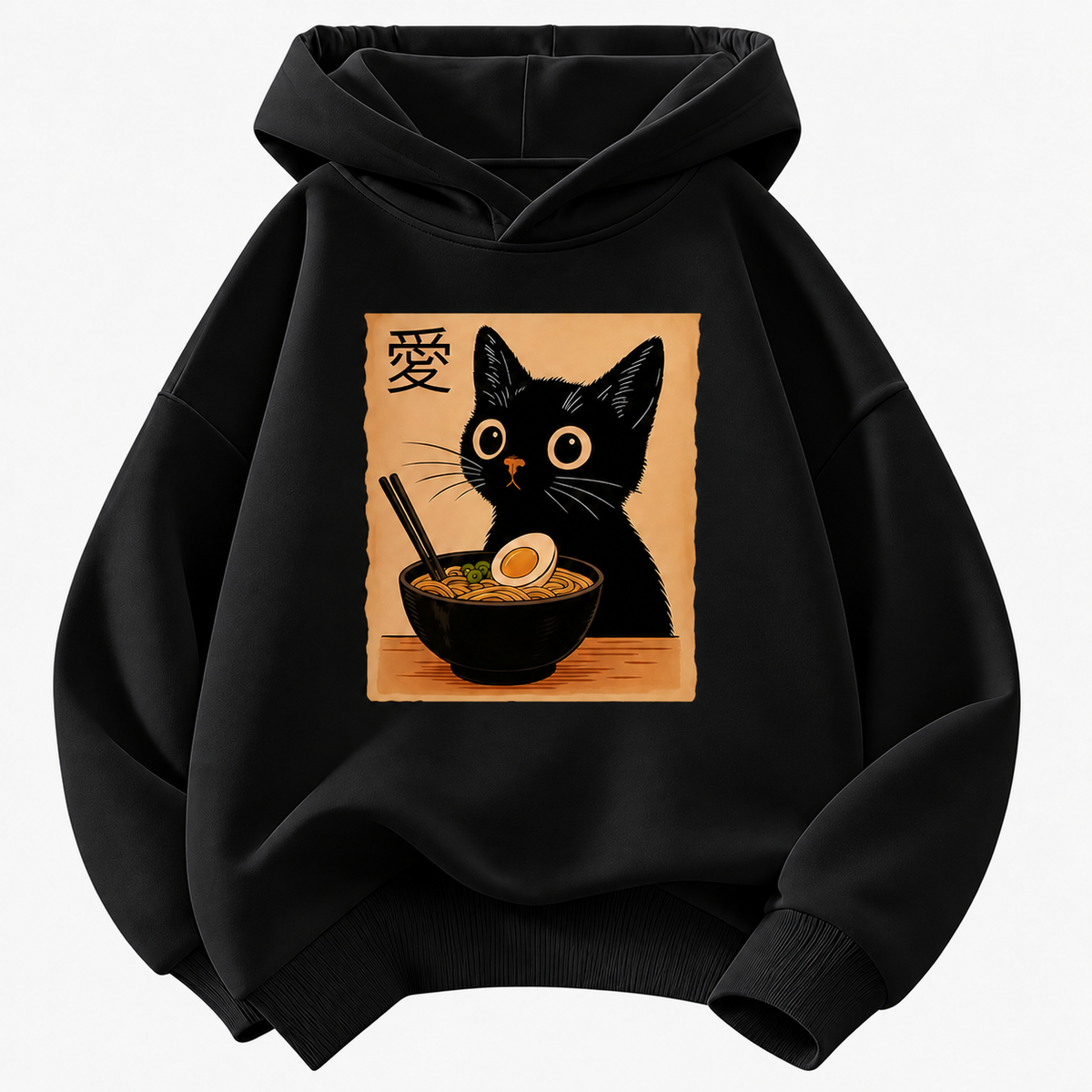 Cat Ramen Graphic Pullover Kids Hoodie with Front Pocket