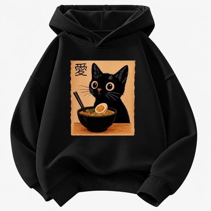 Cat Ramen Graphic Pullover Kids Hoodie with Front Pocket