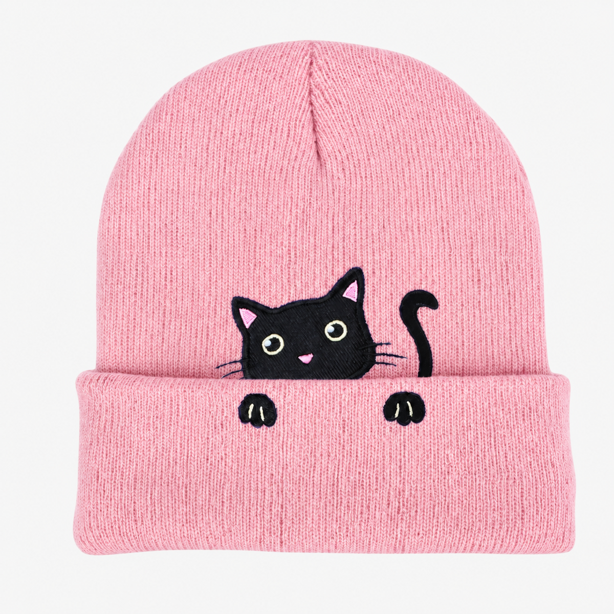 Cute Embroidered Cat Knitted Beanie with Fold-Up Cuff and Stretch Fit