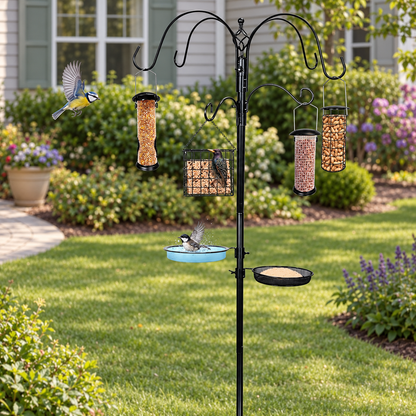 Steel Bird Feeding Station with 6 Hooks, 4 Feeders, Water & Mesh Trays