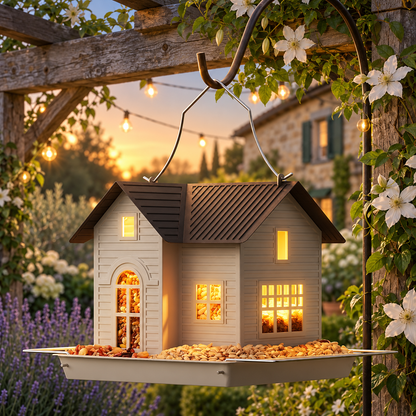 Solar Metal Bird House Feeder with Large Perch, Drainage & LED Light
