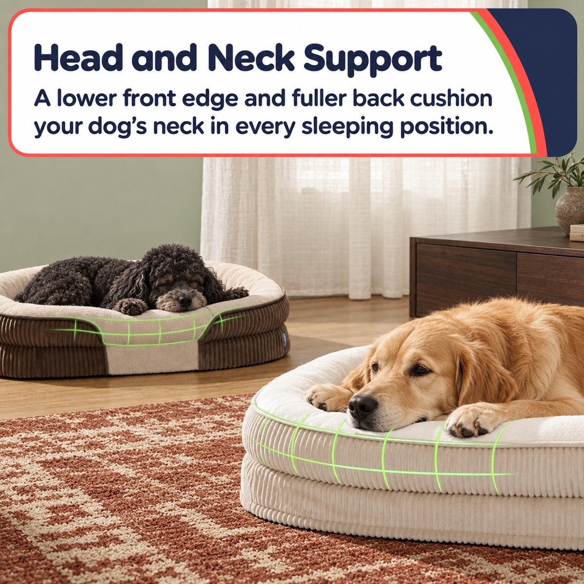 Padded bolsters support the head and neck