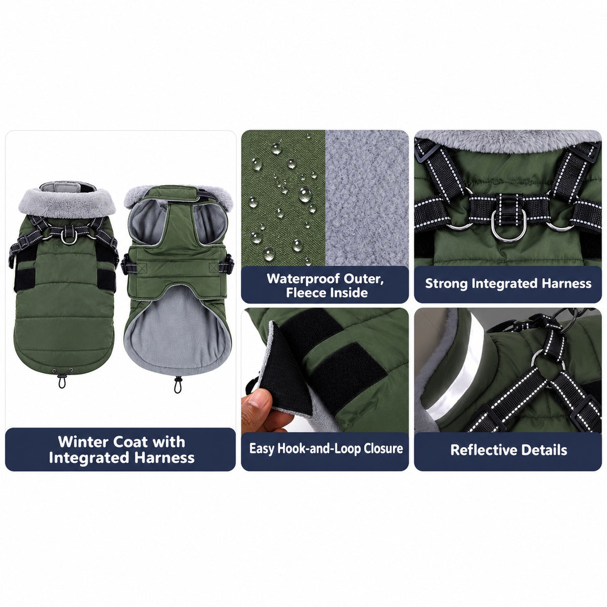Warm lined dog coat with built-in harness features